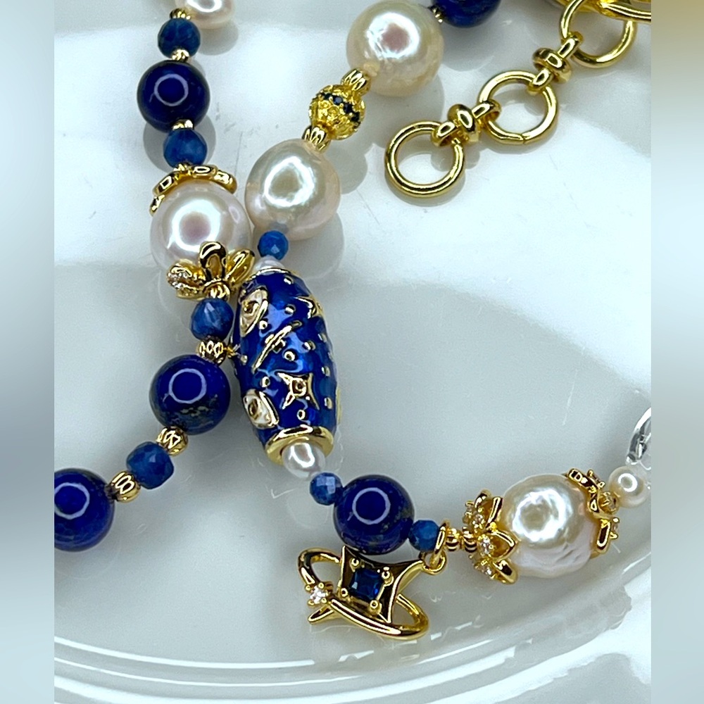🤩🤩 Handmade Freshwater Edison Pearl Lapis Clear Quartz Necklace Bracelet SET - Picture 5 of 6